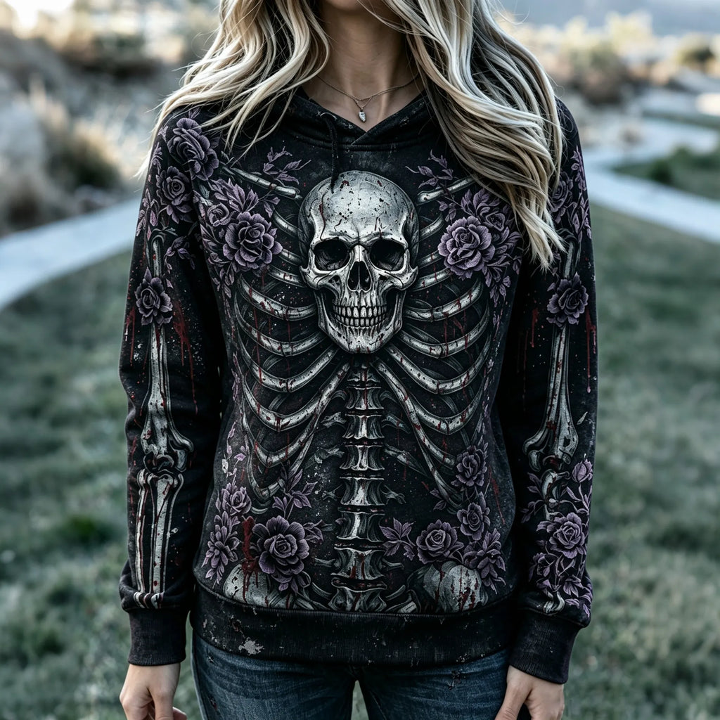 Women’s Goth Skeleton Floral Print Flare Pants