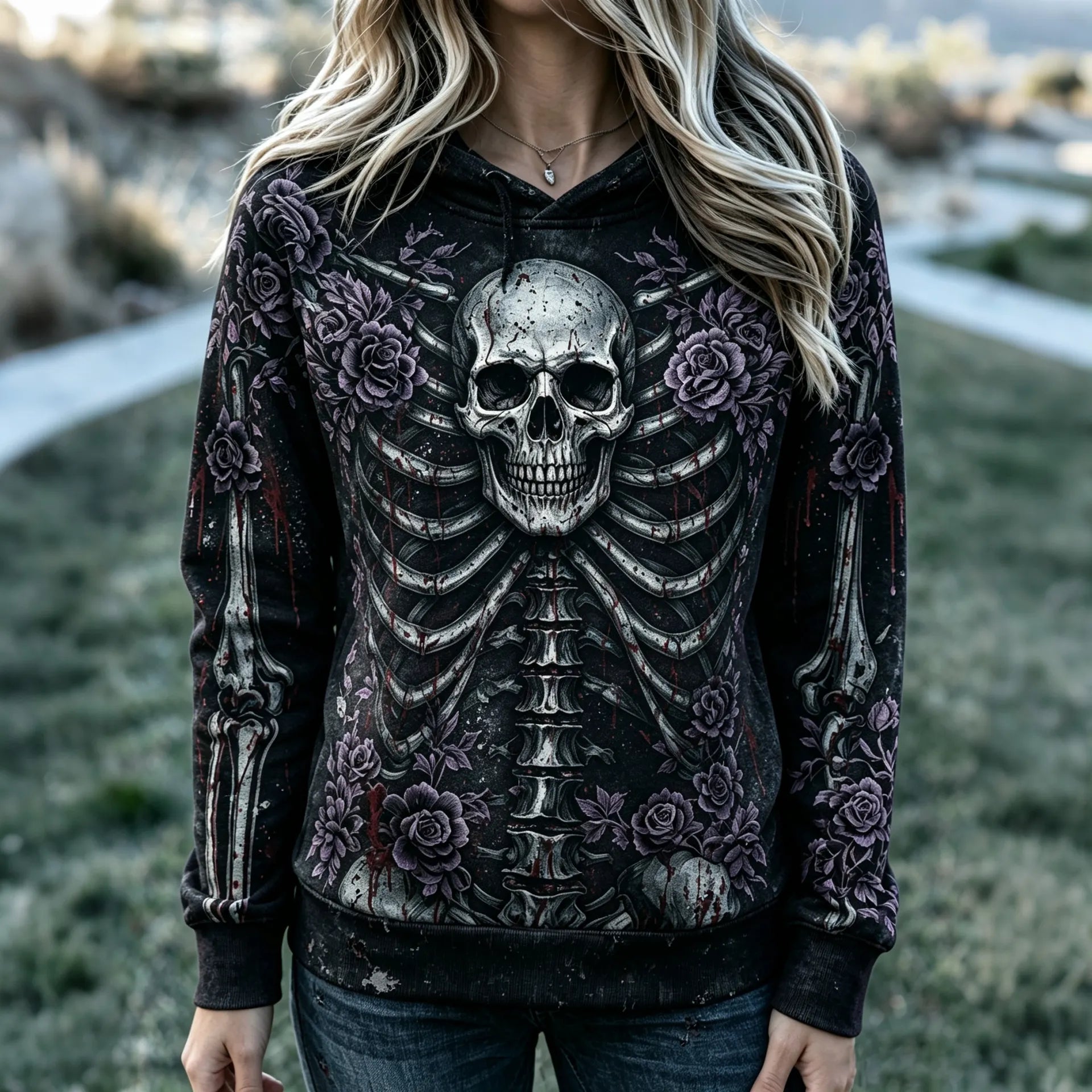 Women’s Goth Skeleton Floral Print Flare Pants