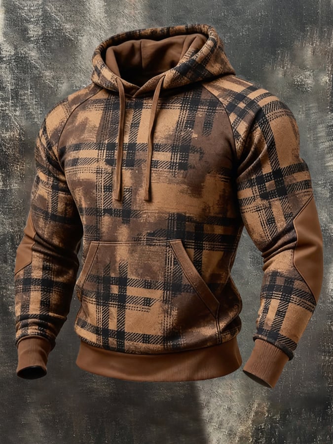 Men'S Retro Color-Block Print Hoodie With Contrasting Details