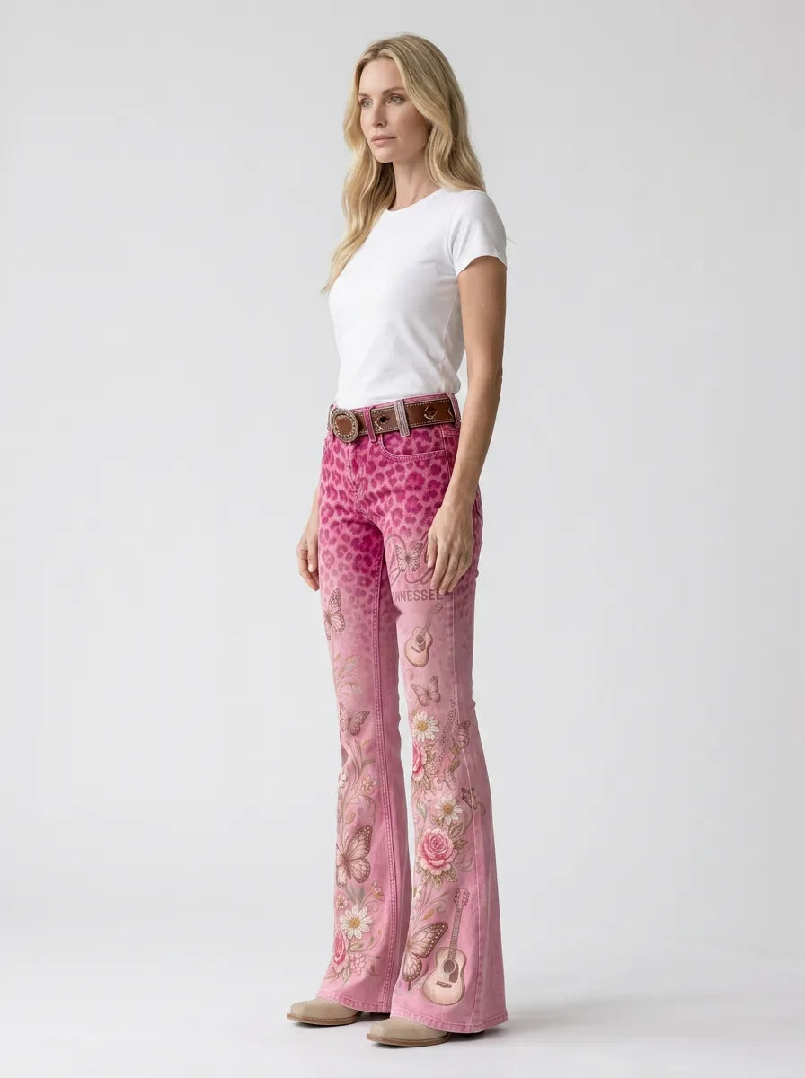Women's Dolly Parton Tennessee 9to5 Butterfly Rose Guitar Printed Flare Pants