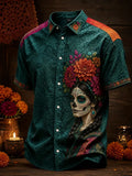 Men's Day Of The Dead Print Short Sleeve Buttons Shirt