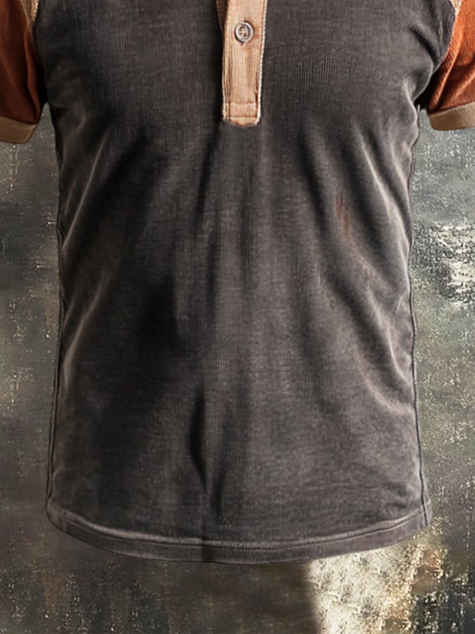 Men's Retro Classic Casual Colorblock Henry Short Sleeve T-Shirt