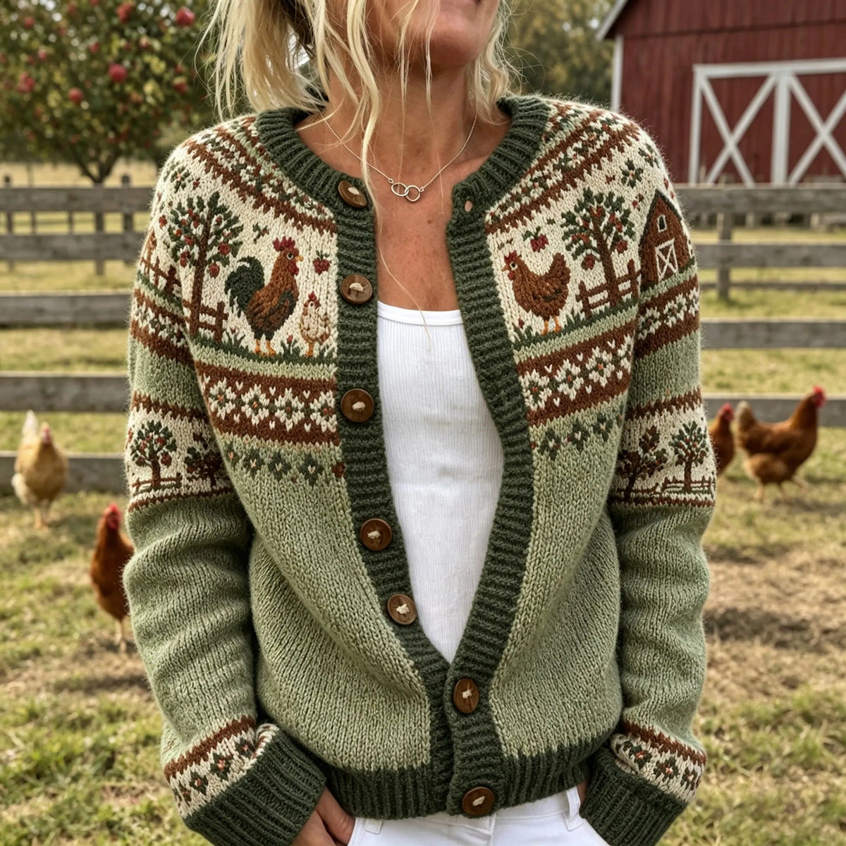 Women's Vintage Farm Animal Print Casual Knit Cardigan