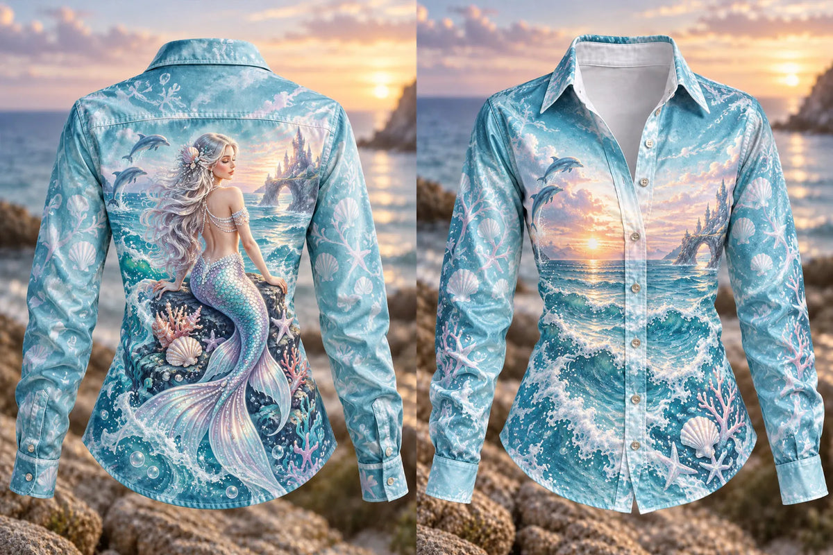 Women's Ocean Mermaid Long-Sleeved Button-Up Shirt