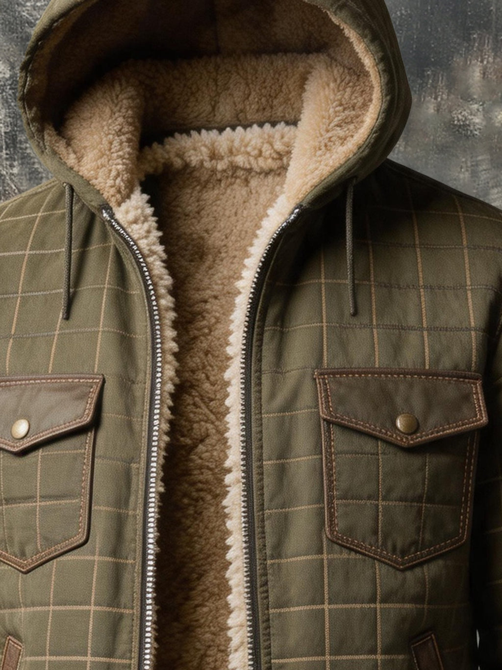 Men's Vintage Quilted Check Hooded Jacket with Faux Shearling Lining