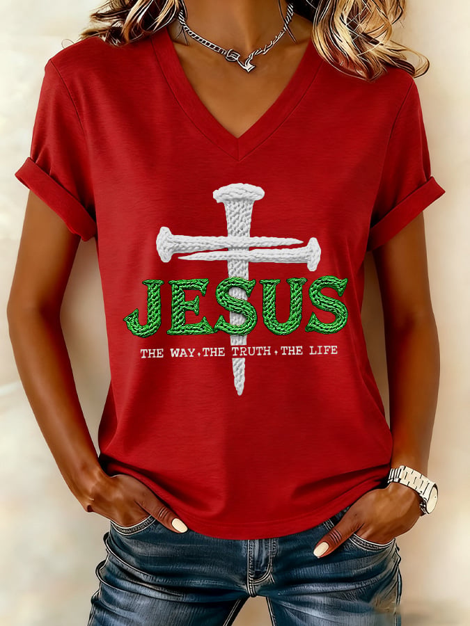 Women's Christmas Cross Print V-Neck T-Shirt