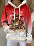 Women'S Christmas Print Plush Hooded Sweatshirt