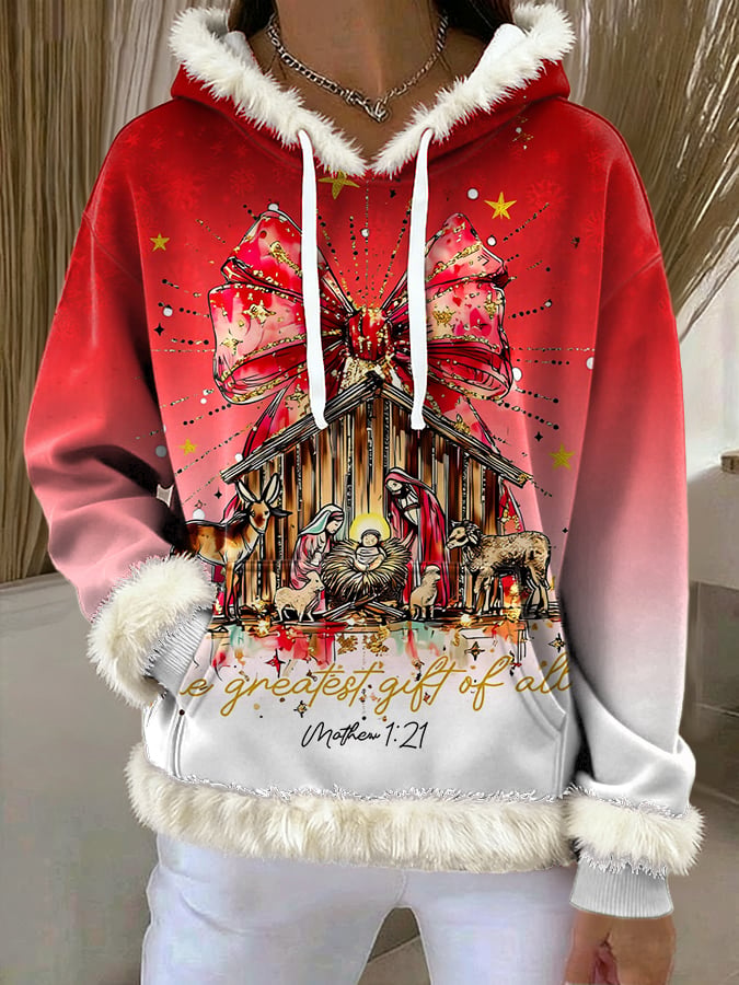 Women'S Christmas Print Plush Hooded Sweatshirt
