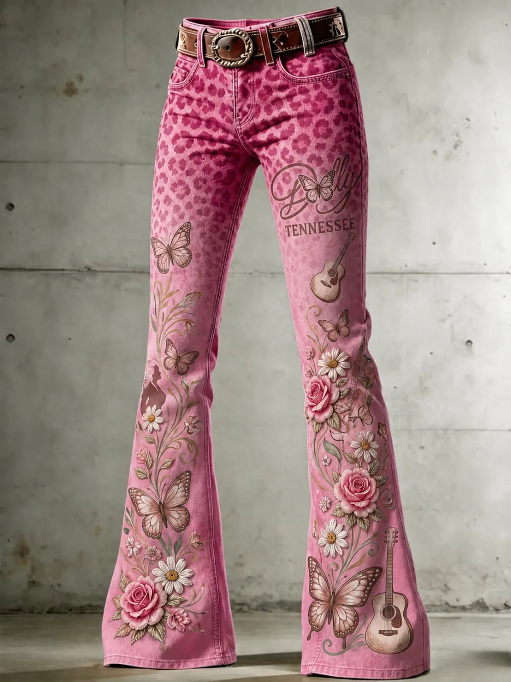 Women's Dolly Parton Tennessee 9to5 Butterfly Rose Guitar Printed Flare Pants