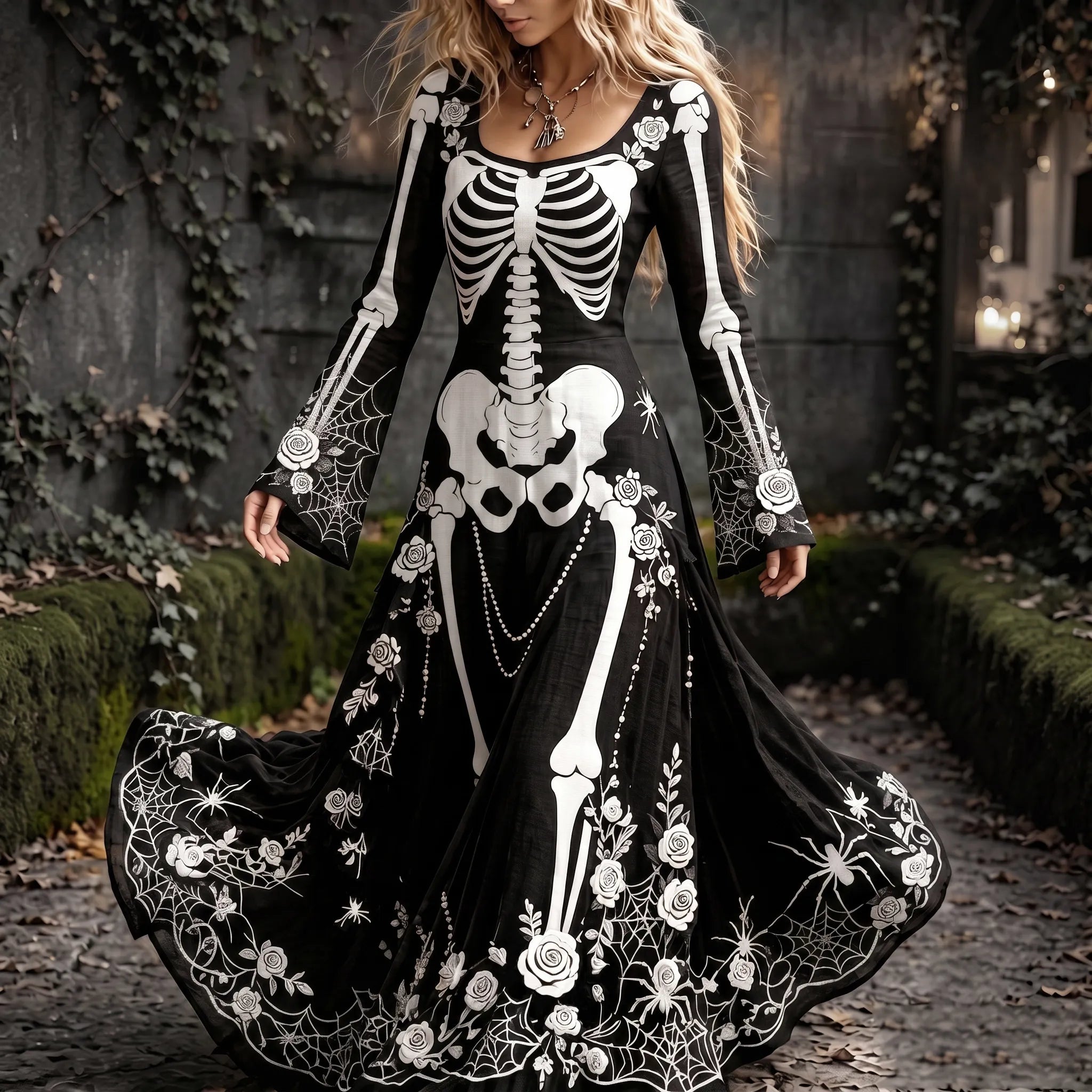 Women's Retro Gothic Spider Skull Floral Pattern Mixi Halloween Dress