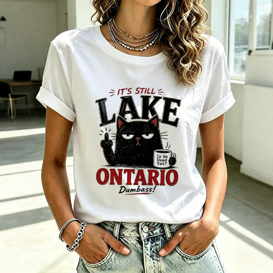 Women's Retro Lake Ontario Cat Art Print Crew Neck Short Sleeve T-shirt