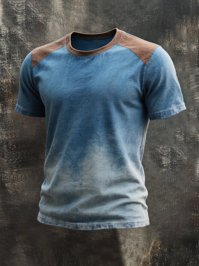 Men's retro washed color block round neck short sleeve t-shirt