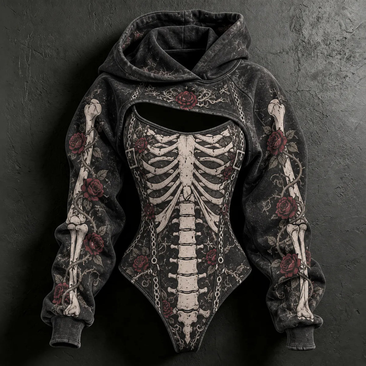 Women's Vintage Halloween Skeleton And Rose Art Print Hoodie Two Piece Set