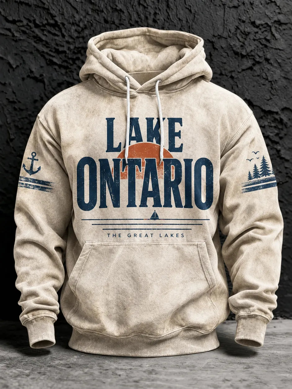 Men's Retro Lake Ontario Print Long Sleeve Hoodie
