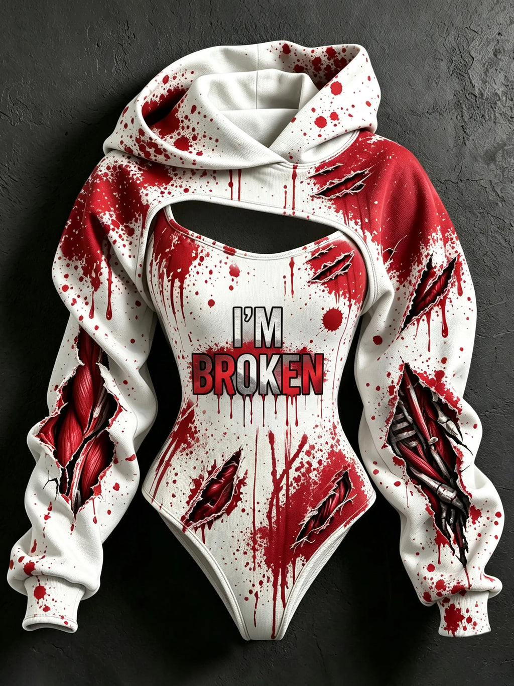 Women's Retro Bloodstained Tear Wound "i'm Broken" Print Sweatshirt Two-piece Set