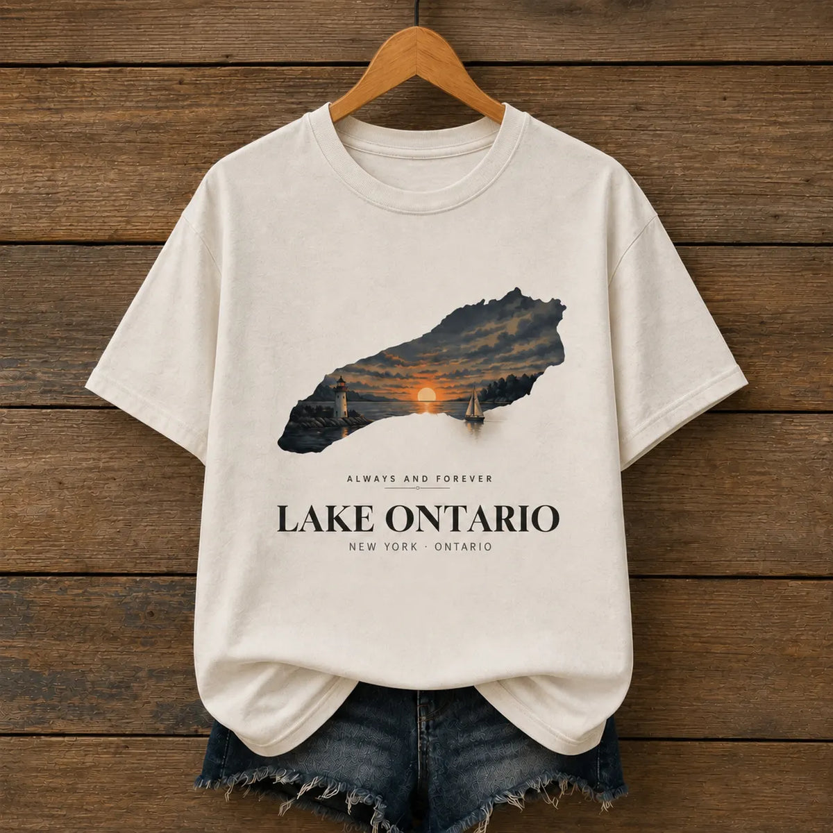Retro Lake Ontario Map Silhouette Sunset Lighthouse Sailboat Pattern T-shirt