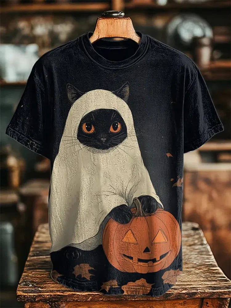 Vintage Halloween Black Cat Ghost Printed Casual Loose T-shirt