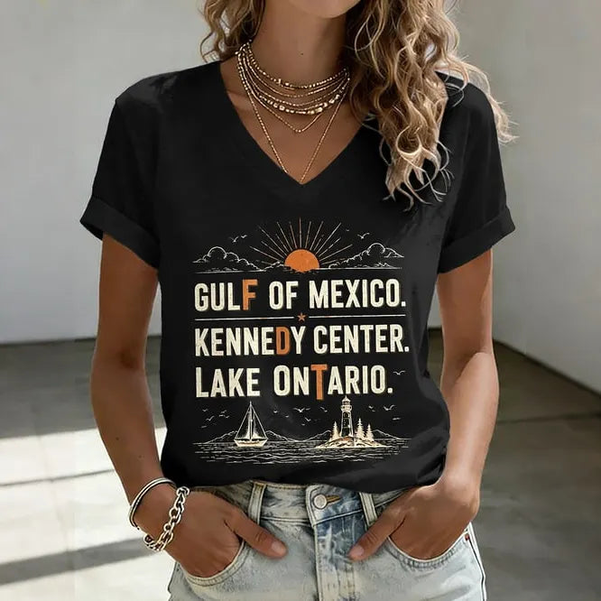 V-neck Retro Fdt Gulf Of Mexico. Kennedy Center. Lake Ontario. Print T-shirt