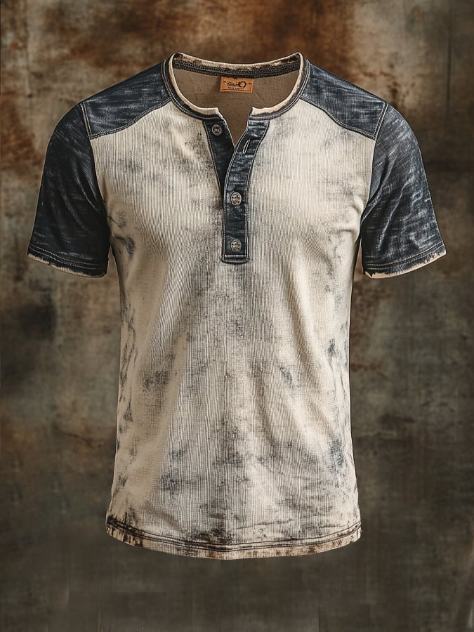 Men's Vintage Distressed Waffle Henry Short Sleeve T-Shirt