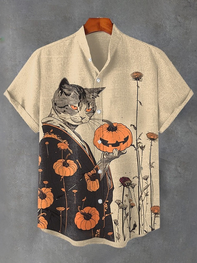 Men's Halloween Japanese Cat Samurai With Pumpkin Art Short Sleeve Shirt