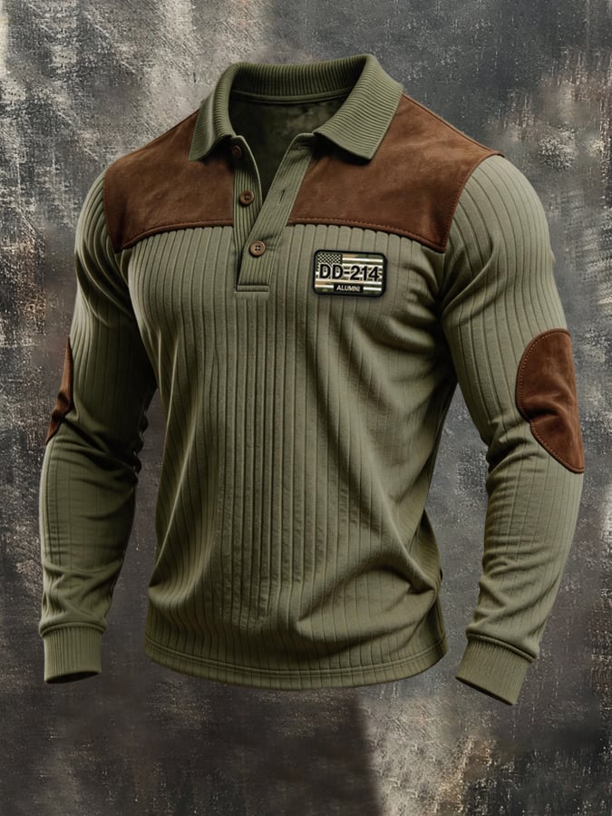 Men'S Dd-214 Vintage-Style Color-Block Long-Sleeve Polo Shirt With Suede Paneling
