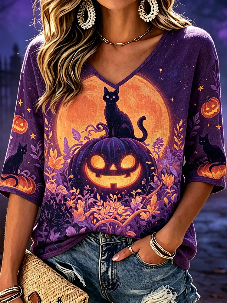 Women's Halloween V-neck Casual T-shirt - Printed With A Spooky Black Cat, Glowing Pumpkin Lantern, And Full Moon Motifs.
