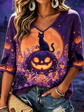 Women's Halloween V-neck Casual T-shirt - Printed With A Spooky Black Cat, Glowing Pumpkin Lantern, And Full Moon Motifs.