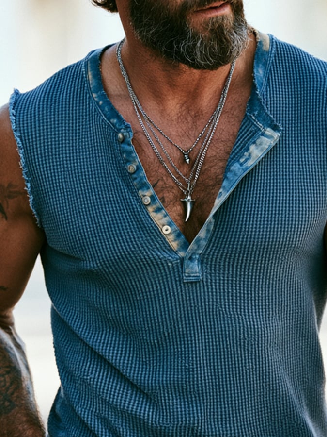 Men'S Fashion Color-Block Waffle-Knit Henley Tank Top With Raw Edges