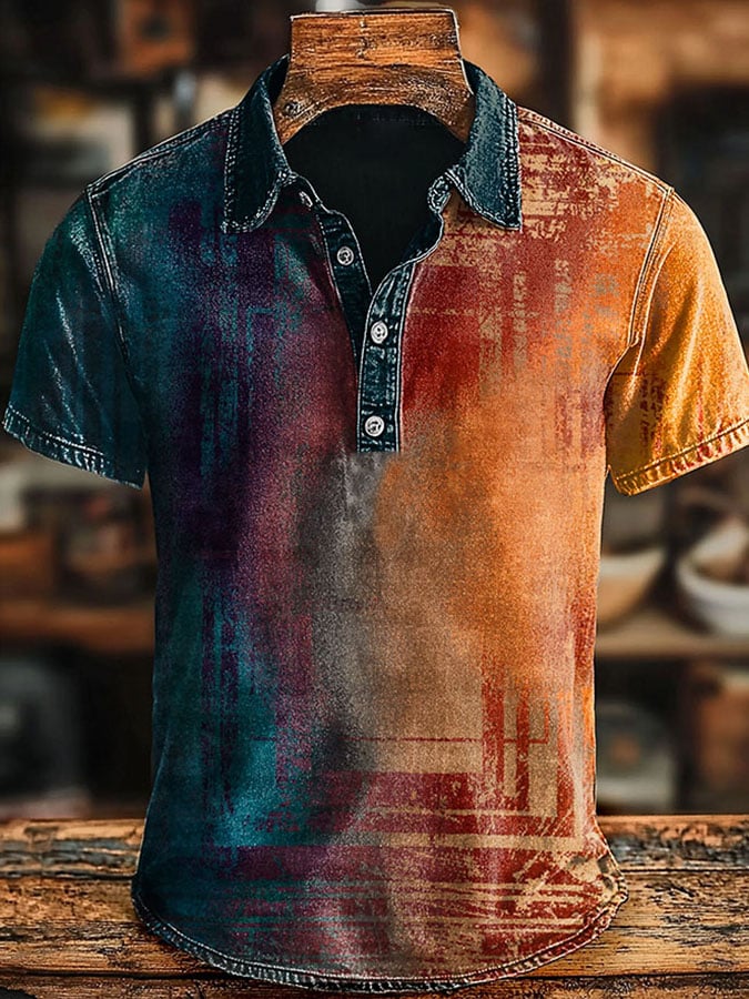 Casual retro polo shirt with contrast graphic print for men