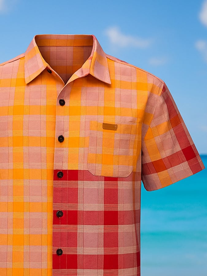 Men's linen shirt with checked pattern, casual, short sleeve