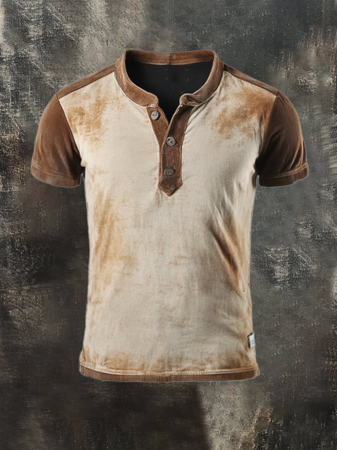 Men's Vintage Color Block Cotton Casual Henley Short Sleeve T-Shirt