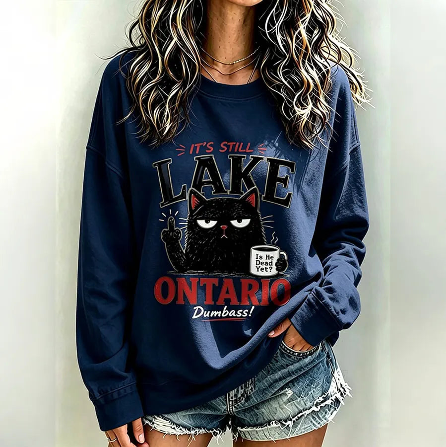 Women's Retro Lake Ontario Cat Art Print Crew Neck Sweatshirt