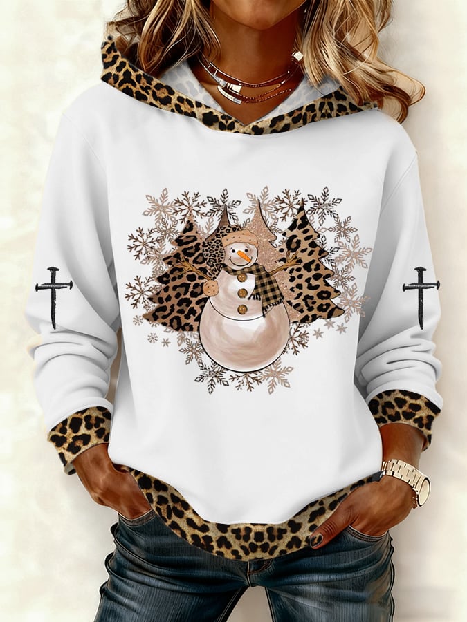 Women's Casual Leopard Print Snowman Hoodie