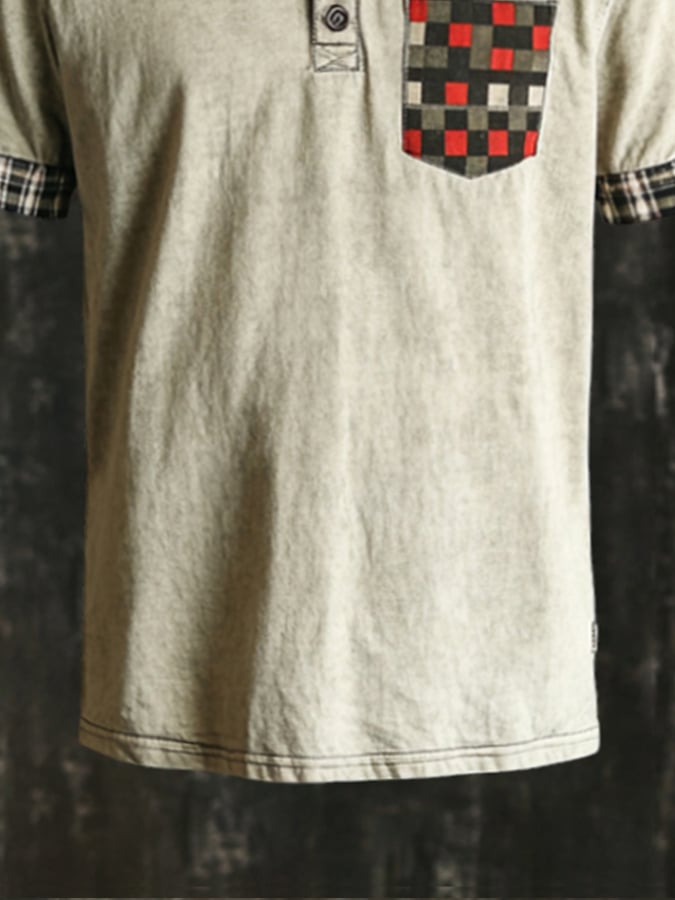 Men's casual Henley short sleeve t-shirt with contrast check pattern