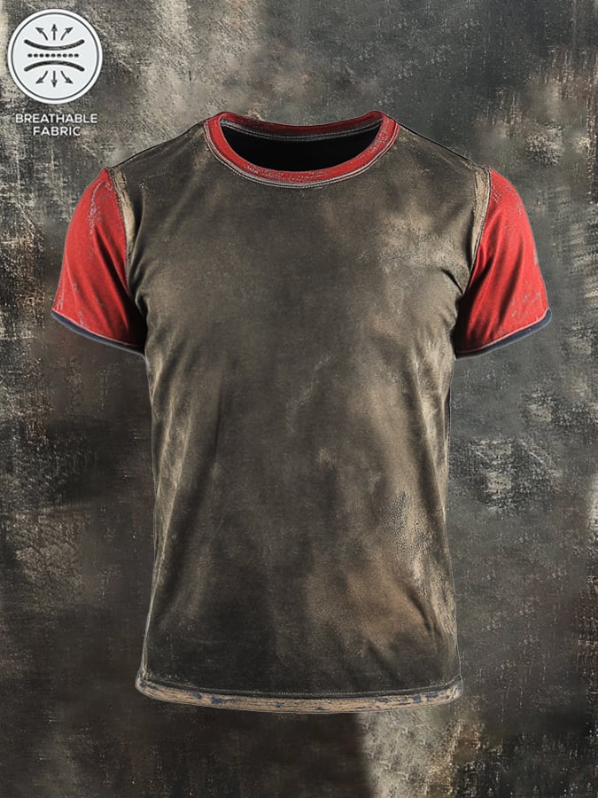 Men's Retro Washed Colorblock Casual Washed Round Neck Short Sleeve T-Shirt