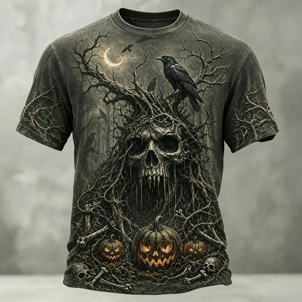 Men's Retro Halloween Skull And Pumpkin Print Casual T-shirt