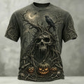 Men's Retro Halloween Skull And Pumpkin Print Casual T-shirt