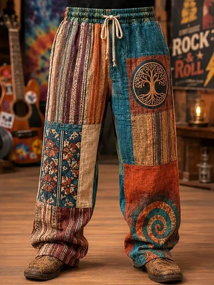 Men's Boho Floral Stripes And Sacred Tree Symbols Print Pants