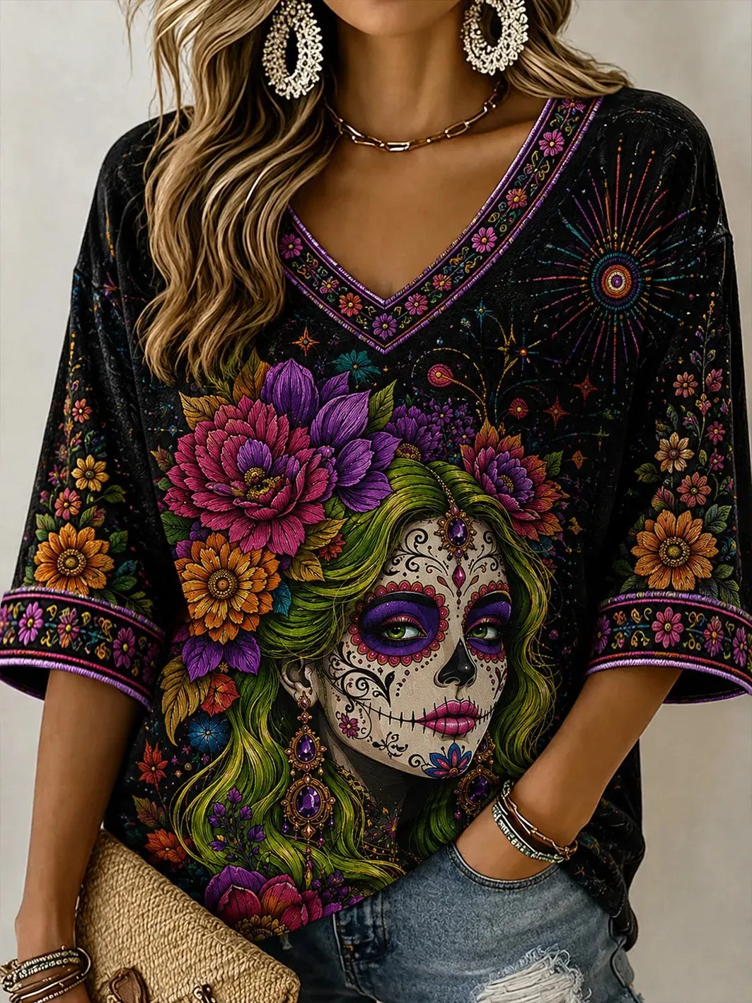 Women's Day Of The Dead Sugar Skull Girl with Green Hair Floral Print 3/4 Sleeve V-Neck T-Shirt