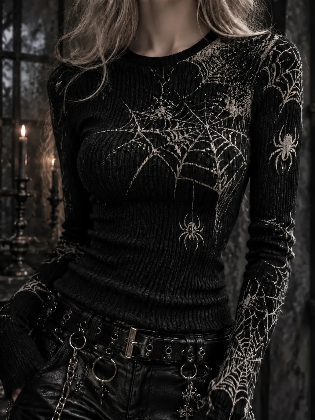 Women's Retro Halloween Spiders Print Cozy Sweater