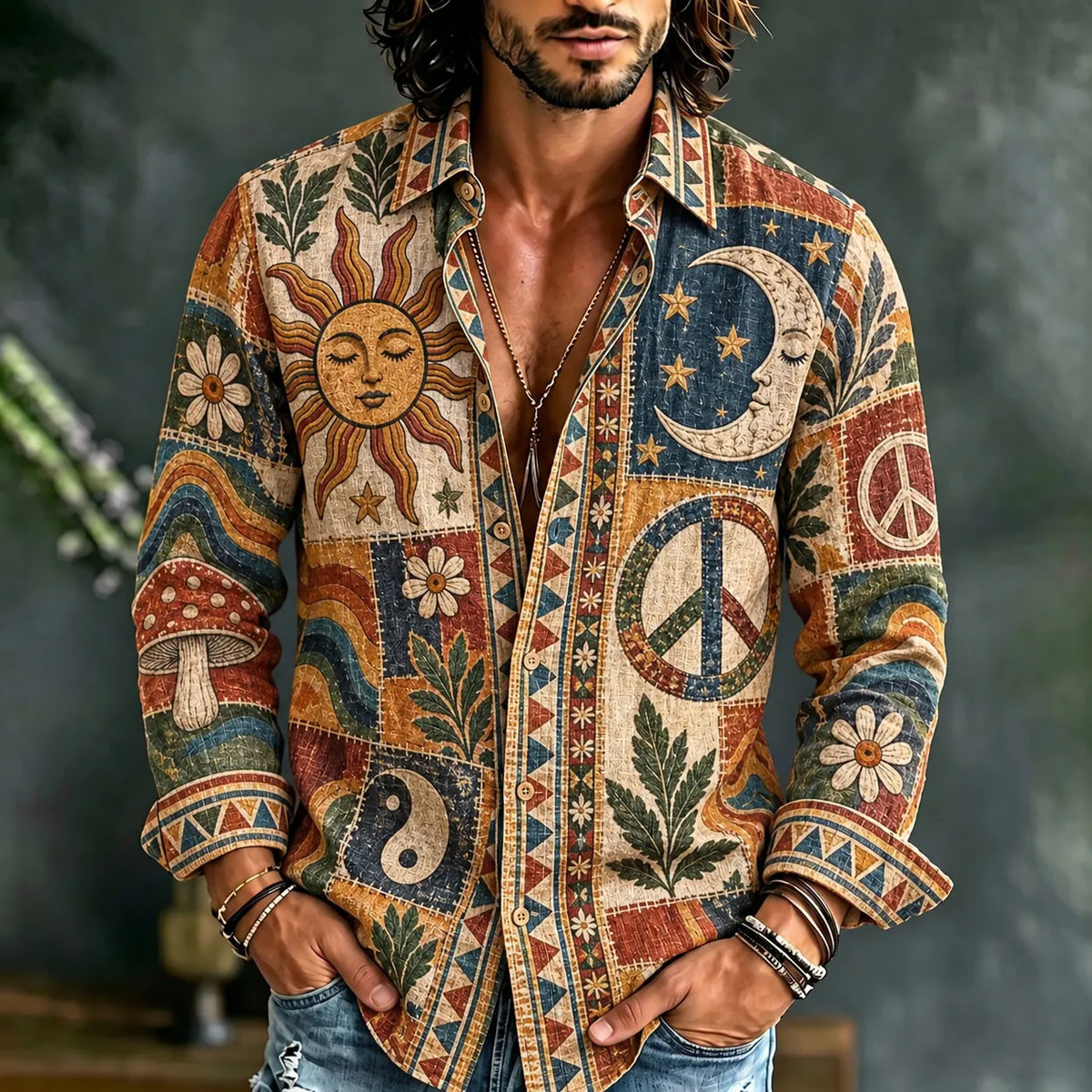 Men's Retro Hippie Patchwork Art Print Long Sleeve Shirt