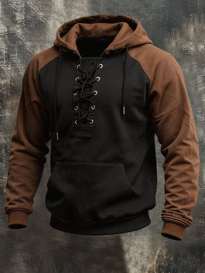 Men's Retro Color-Block Lace-Up Hoodie