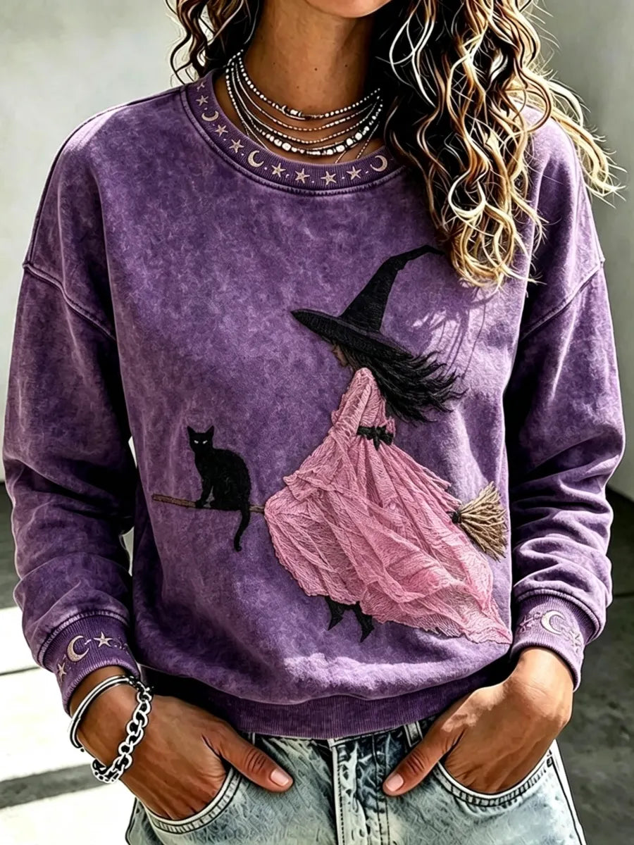 Women's Pink Witch-Themed Print Casual Sweatshirt