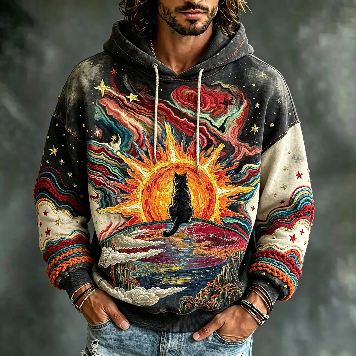 Men's Boho Mountain Cat Celestial Sky Print Hoodies