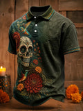 Men's Day Of The Dead Sugar Skull With Flying Hummingbirds Print Short Sleeve Polo Shirt