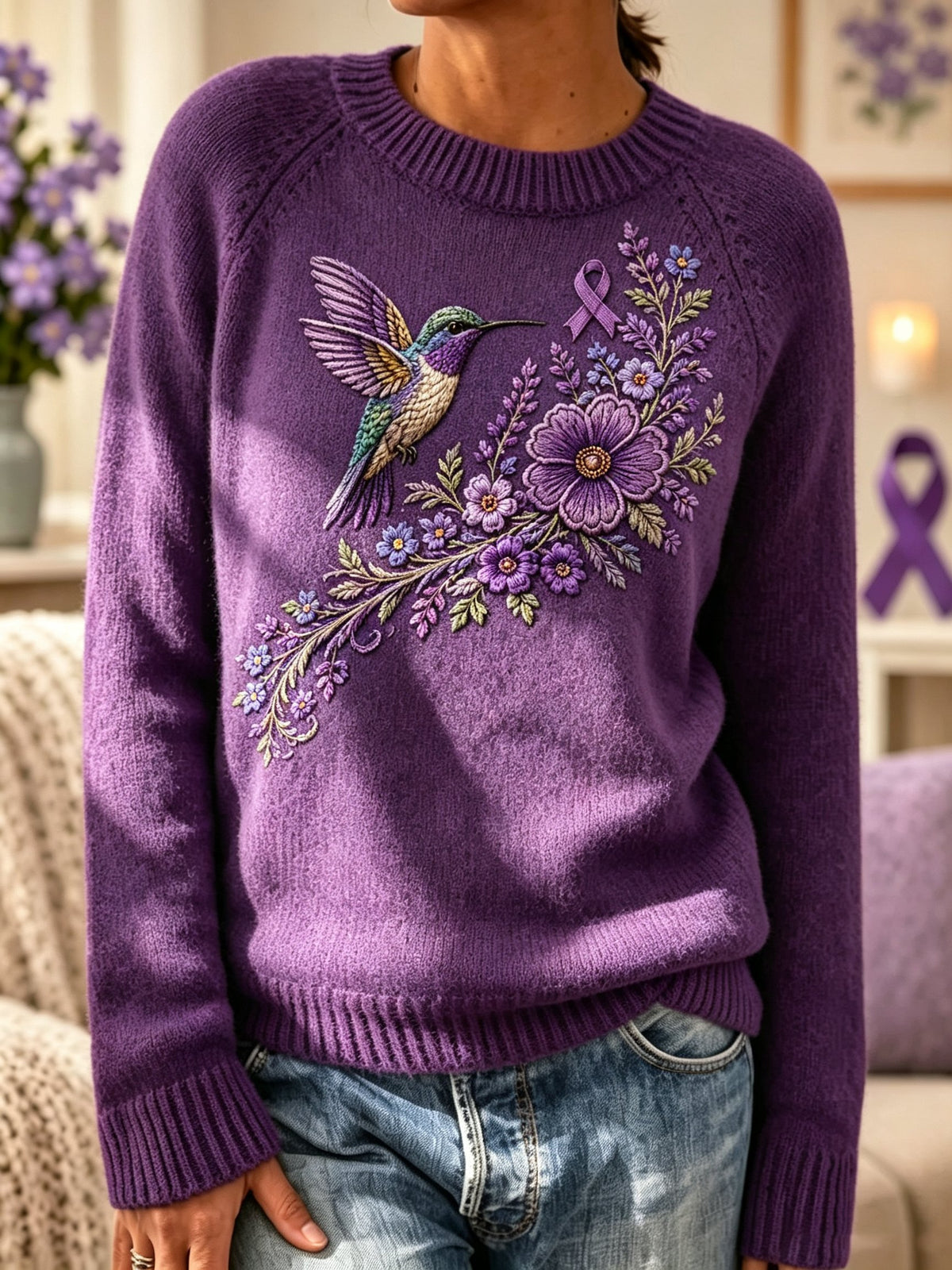Women's Alzheimer's Awareness: Flowers And Hummingbird Printed Casual Sweatshirt