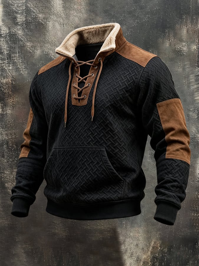 Men'S Retro Textured Panel Sweatshirt With Suede Details And Lace-Up Collar