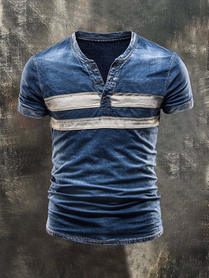 Men's casual retro color-block Henley T-shirt