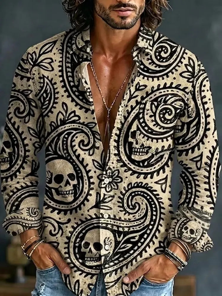 Men's Paisley Skulls Floral Swirl Print Long Sleeve Pocket Shirt