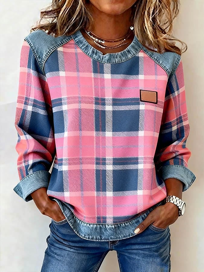 Women'S Casual Round Neck  Patchwork Plaid Print Pullover Sweatshirt